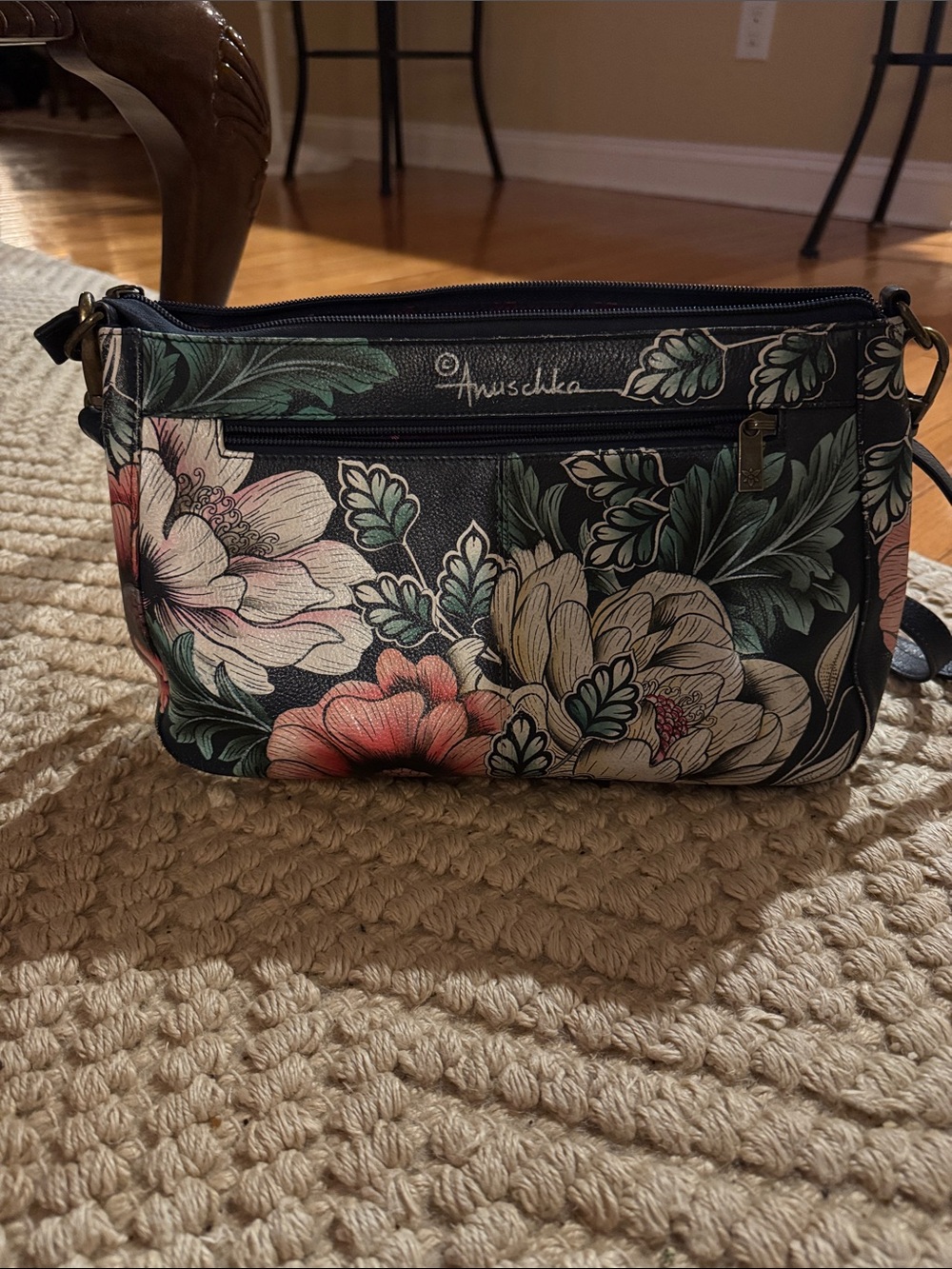 Anuschka Black Floral Leather Crossbody with Green and Pink Accents
